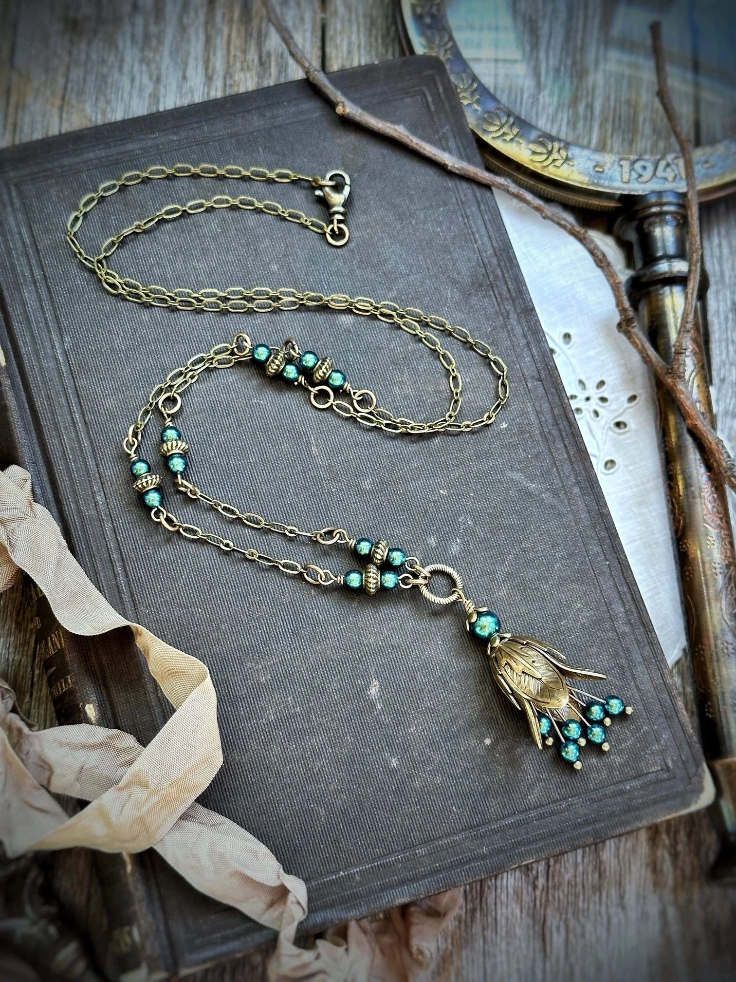Vintage Fairy Bell Necklace -- Forest Teal - Image 6